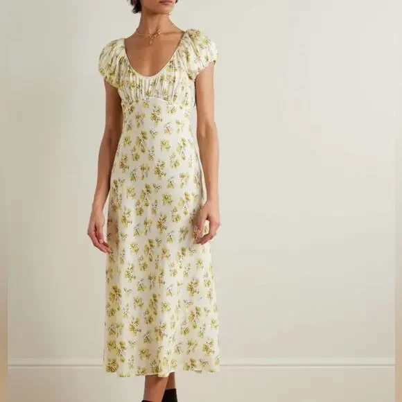 Doen Florencia Silk Short Puff Sleeve Midi Dress Yellow Gold Frolicking Floral